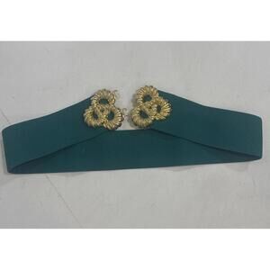 Vintage Motion East Green Regal Omega Medallion Chunky Gold Buckle Stretchy Belt